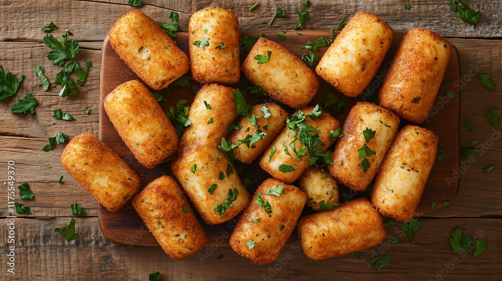 Crispy golden hash browns with fresh parsley on wooden board Crispy golden hash browns with fresh parsley on wooden board
