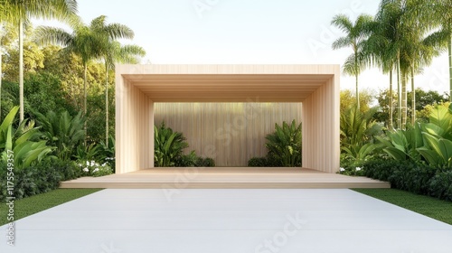 Modern wooden structure surrounded by greenery and palm trees.