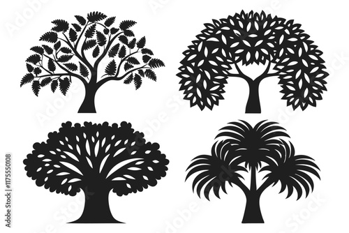 4 set of different type Tree silhouette vector illustration isolated on white background