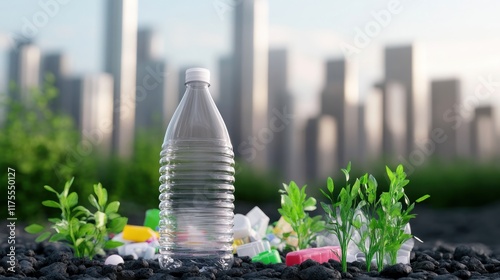 A plastic bottle amidst urban waste and growing plants.