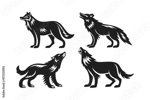 4 set of different type Wolf silhouette vector illustration isolated on white background