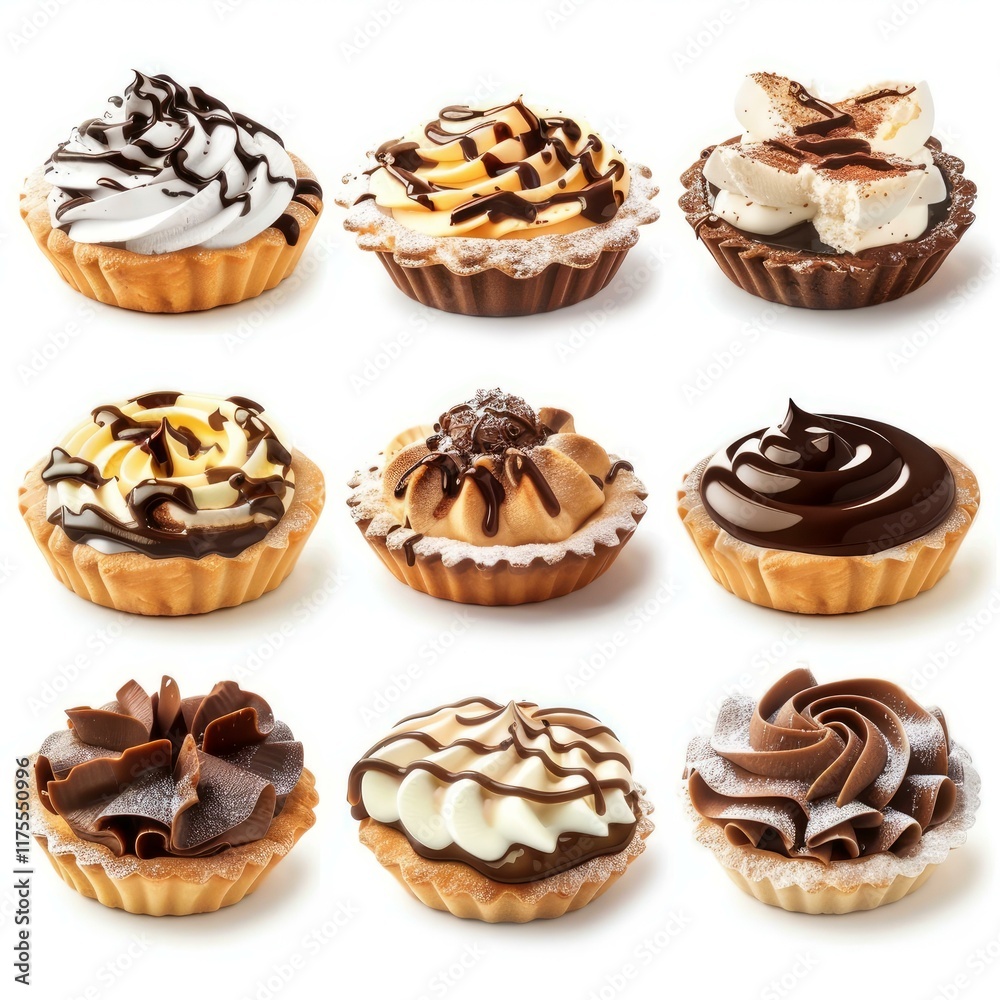 Nine mini tarts with various chocolate and cream toppings are presented on a white background, showcasing a delectable assortment of flavors Nine mini tarts with various chocolate and cream toppings are presented on a white background, showcasing a delectable assortment of flavors