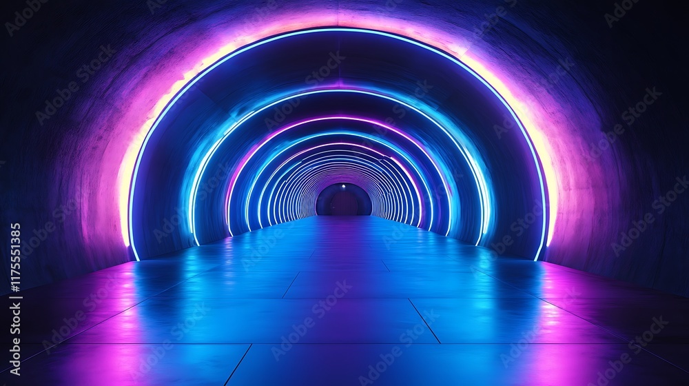 Fototapeta premium Vibrant neon tunnel display urban setting digital art nighttime