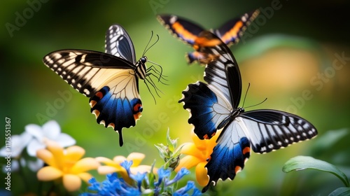 Vibrant butterflies fluttering among colorful flowers in nature.