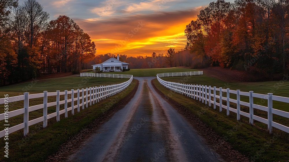 Fototapeta premium Sunset road journey countryside home landscape tranquil environment
