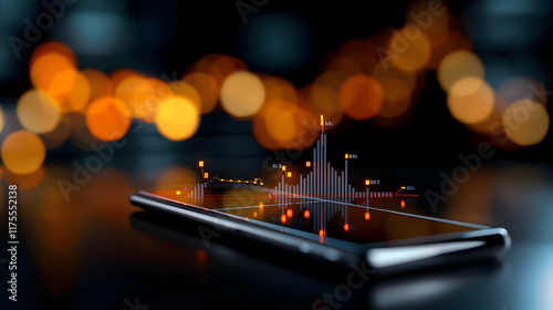 futuristic stock exchange scene featuring a chart, mobile device,  photo