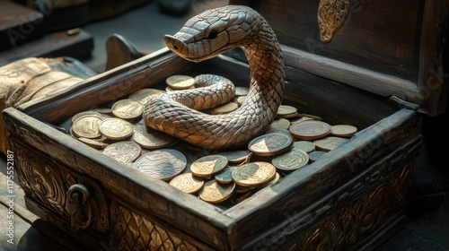 Wooden chest holds carved snake and gold coins photo