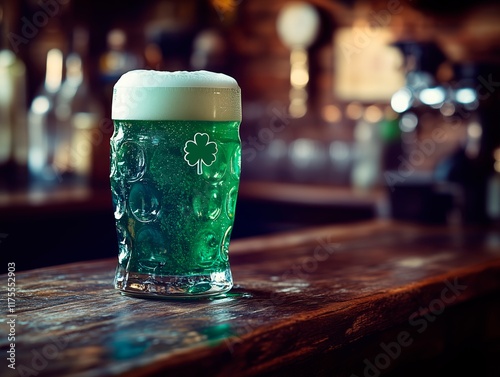 Canvas-taulu Mug of frothy green beer on a rustic wooden bar top, adorned with a shamrock emb