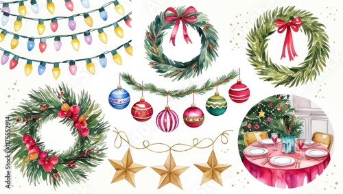 Watercolor Christmas Decorations Wreaths Ornaments Lights Festive Table Setting