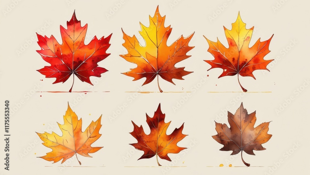 Six Watercolor Autumn Maple Leaves Fall Foliage Collection Red Orange Yellow Brown Hues Six Watercolor Autumn Maple Leaves Fall Foliage Collection Red Orange Yellow Brown Hues