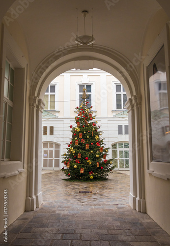 Festively decorated Christmas tree at Palais Daun-Kinsky, Vienna, Austria, December 3, 2024 photo