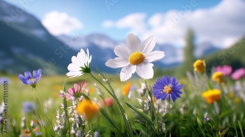 A vibrant meadow filled with colorful wildflowers under a blue sky.