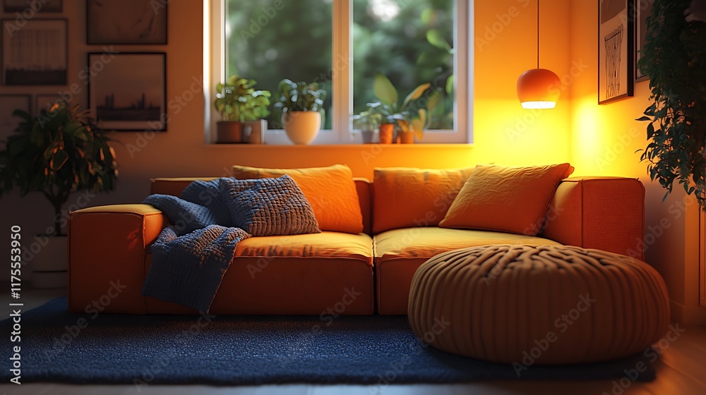 Fototapeta premium Cozy living room setup with orange sofa and warm lighting