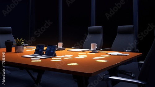 A dimly lit conference room with a table, laptops, and notes.