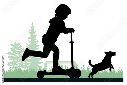 Children and pets silhouettes. Little girl on a scooter playing with  a pet. Vector illustration.	
