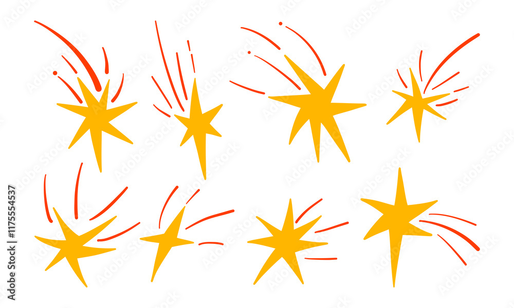Obraz premium Dynamic Shooting Stars with Radiant Trails. A complete set of 8 vibrant shooting stars in yellow with red or orange trails, perfect for celestial and cosmic-themed designs