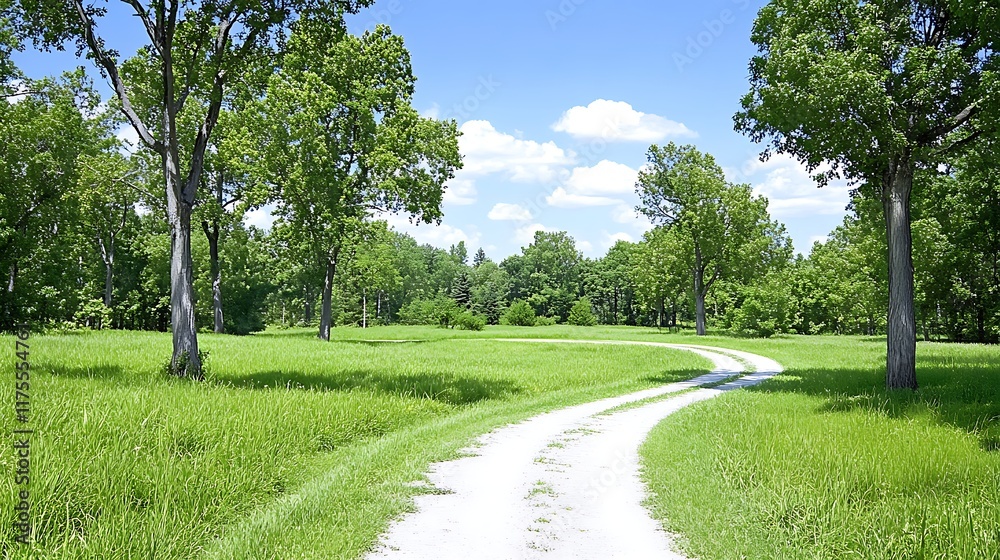 Fototapeta premium Winding Country Road Green Grass Summer Trees Blue Sky