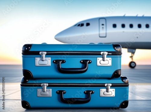 Baggage waiting at the airport near a plane during sunset at a busy travel hub photo