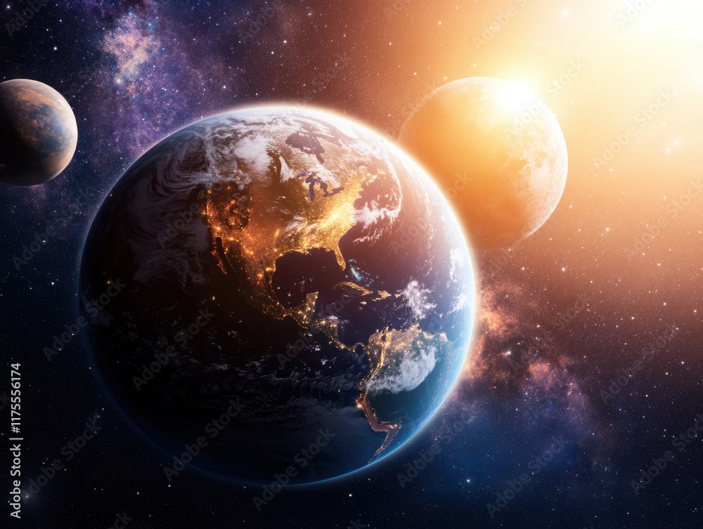 Obraz premium Stunning View of Earth Surrounded by Celestial Bodies in the Vastness of Space Highlighting the Beauty of Our Universe with Distant Planets and Stars