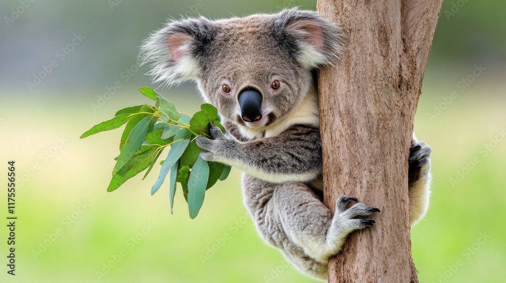 Fototapeta premium A koala clings to a tree, holding a eucalyptus leaf.