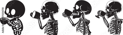 Funny Skull Standing with Coffee Black and White Vector Art photo