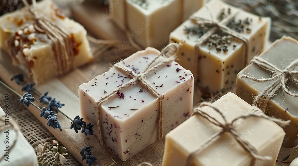 Handmade soap bars with dried flowers, closeup. Spa concept Handmade soap bars with dried flowers, closeup. Spa concept