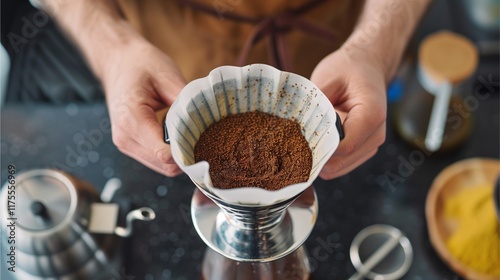 Brewing Perfection: Close-up view of hands carefully holding a pour-over coffee filter filled with ground coffee, ready for brewing. photo