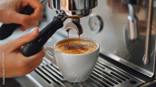 Espresso Perfection: Close-up shot of hands expertly tamping coffee grounds into a portafilter, moments before brewing a rich espresso. photo