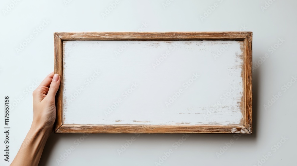 Woman's Hand Holding Rustic Wooden Frame on White Background. Woman's Hand Holding Rustic Wooden Frame on White Background.
