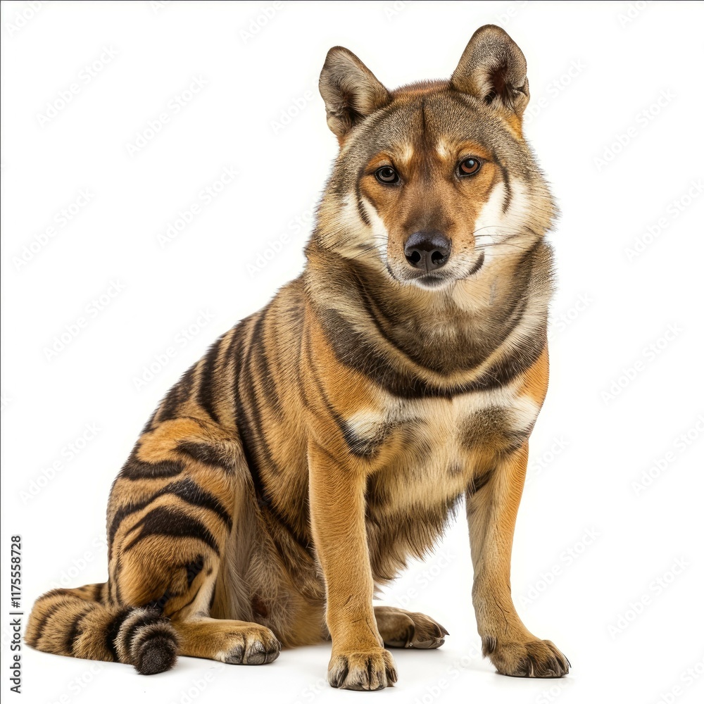 Studio shot of a dog with a striking tiger striped pattern sitting against a white background