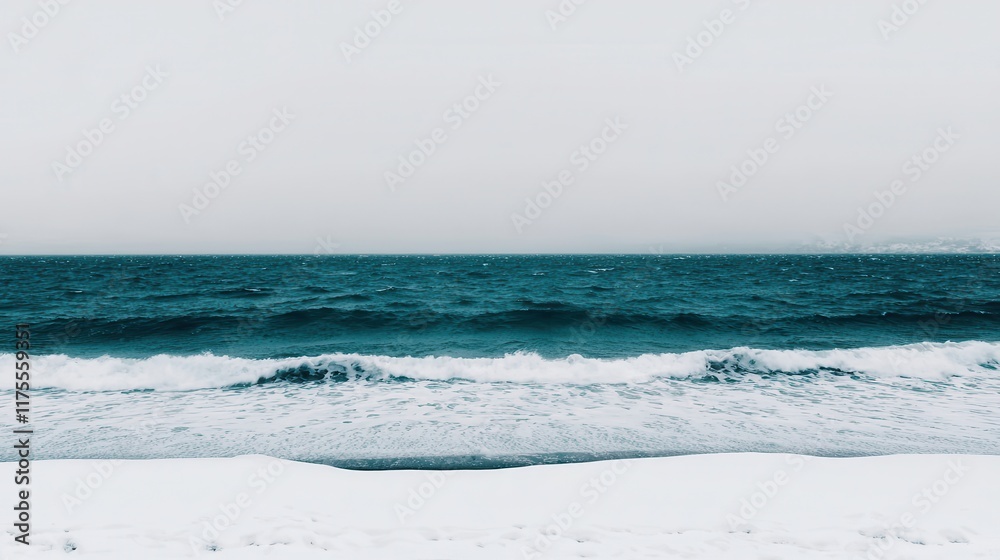 Naklejka premium A serene seascape featuring rolling waves, a tranquil beach, and a muted sky, creating a calm and peaceful atmosphere.