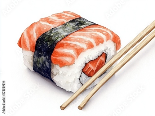 Freshly Prepared Sushi Roll with Salmon and Rice held by Chopsticks on a Crisp White Background, Perfect for Culinary and Food Photography Projects photo