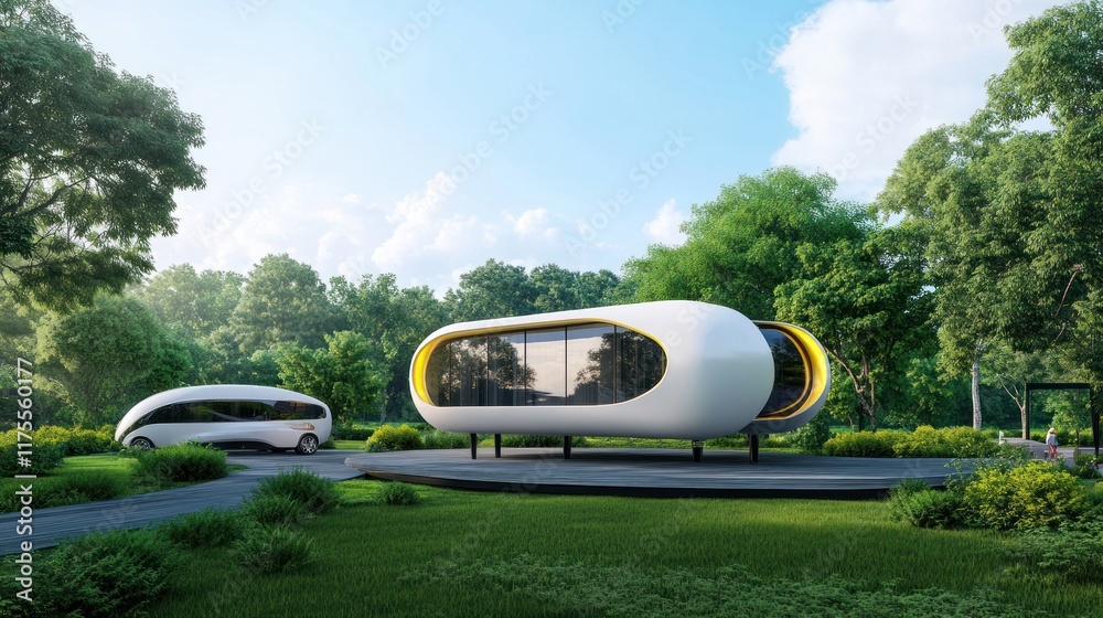 Futuristic modular homes set in a lush green landscape. Futuristic modular homes set in a lush green landscape.