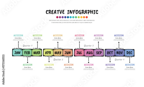 Hand drawn presentation 4 quarter, calendar presentation 12 months, Doodle Infographic Timeline can be used for workflow, process diagram, flow chart.