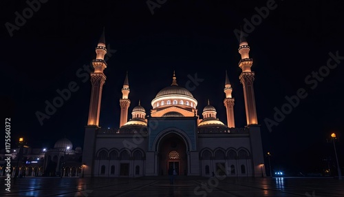 Illuminated mosque at night, exterior view, city square photo