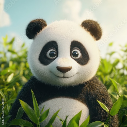 Cute cartoon panda with a friendly expression surrounded by vibrant green leaves, showcasing a joyful and playful demeanor in a bright and colorful setting. photo