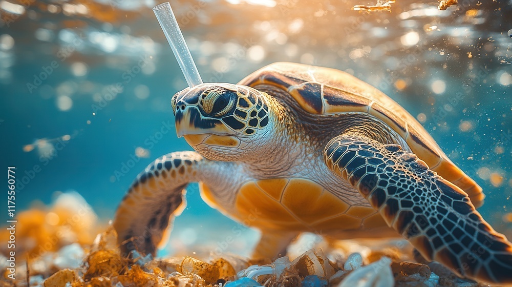 Fototapeta premium Sea Turtle Endangered by Ocean Plastic Pollution Underwater Wildlife Conservation Image