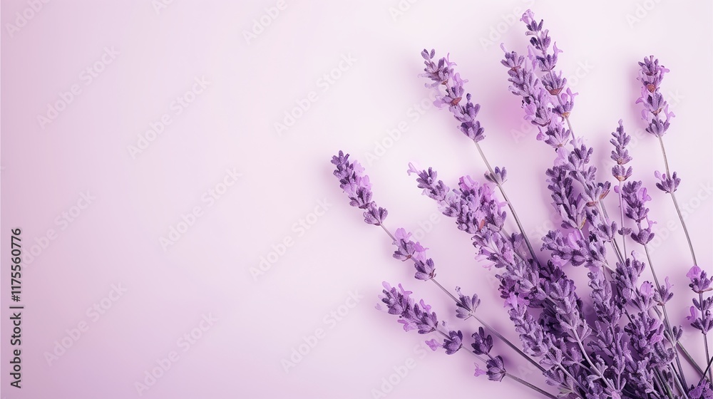 Naklejka premium Lavender Dreams: A delicate arrangement of lavender sprigs on a soft purple background evokes serenity and tranquility. Perfect for adding a touch of elegance to your designs.