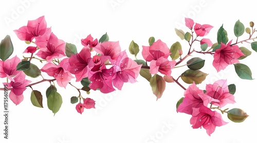 Pink Bougainvillea Branch: A delicate and vibrant watercolor illustration of a bougainvillea branch, adorned with clusters of pink flowers and lush green leaves.