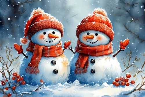 two snowmen in the snow wearing orange hats and scarves