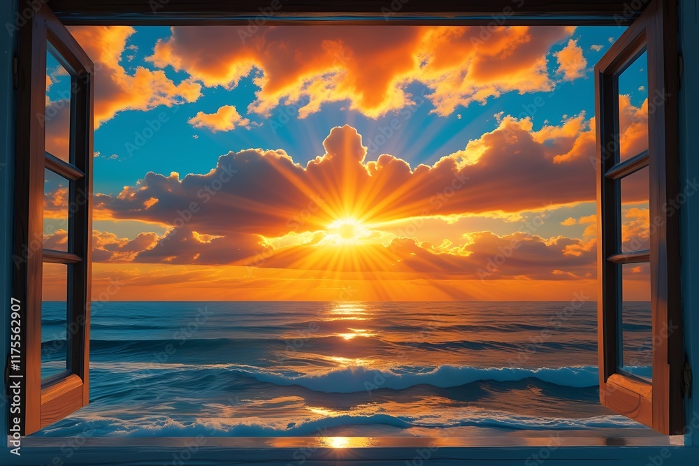 Fototapeta premium From wide-angle view of a luxurious cruise ship's window, vibrant and positive scene of a stunning sun seascape unfolds, with golden hues of a summer sunset casting a warm glow over tranquil sea, crea
