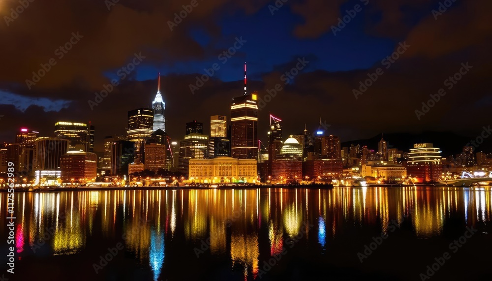 Fototapeta premium Night cityscape skyline reflections
