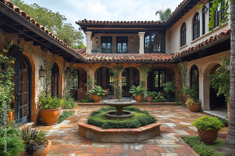Fototapeta premium Spanish Style Courtyard Home Featuring Fountain And Lush Greenery