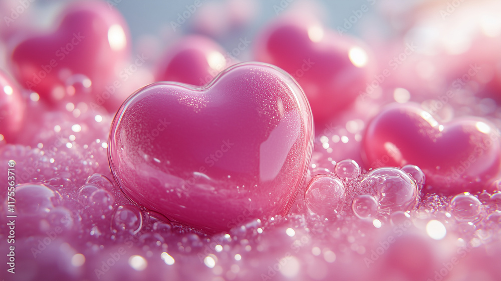 Fototapeta premium Candy world with big pink hearts, clouds, river