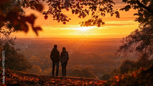 Couple Enjoying a Stunning Sunset Together in Autumn Nature Scenery photo