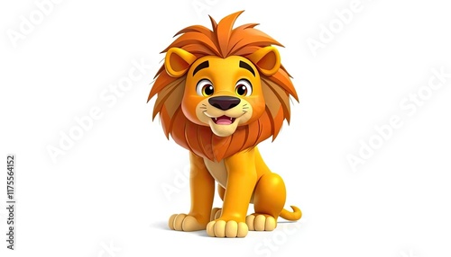 Cartoon lion cub sitting, white background, children's book illustration