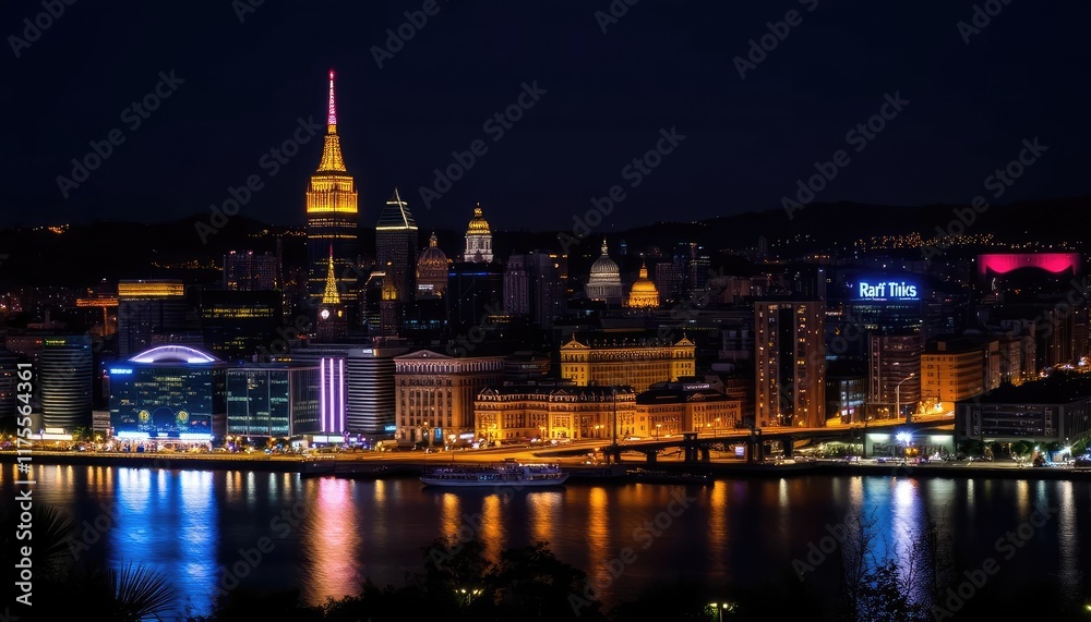 Naklejka premium Night city skyline reflected in river (1)