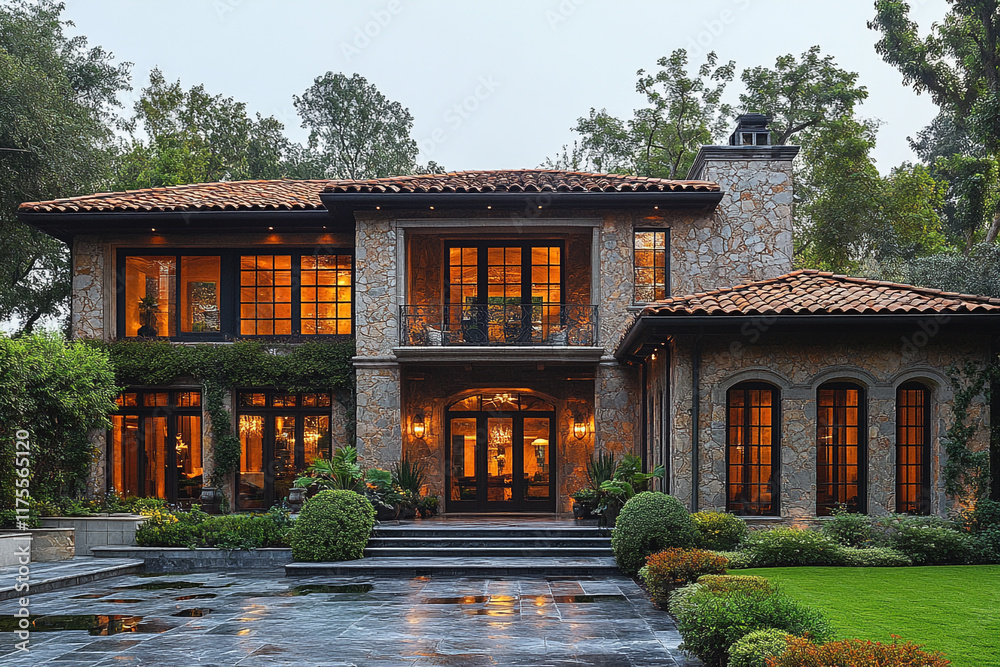 Obraz premium Luxurious Stone House Evening Illumination