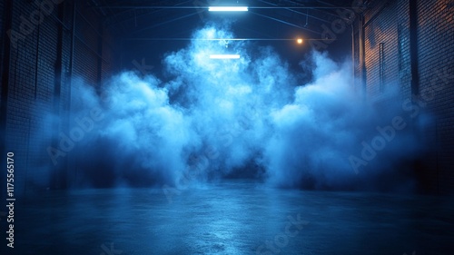 Dark empty space, blue and red neon spotlight, wet asphalt, smoke, night view street, rays. Abstract dark texture of an empty background with copy space mock up design