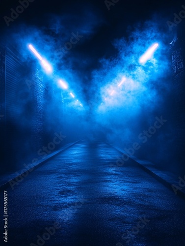 Dark empty space, blue and red neon spotlight, wet asphalt, smoke, night view street, rays. Abstract dark texture of an empty background with copy space mock up design